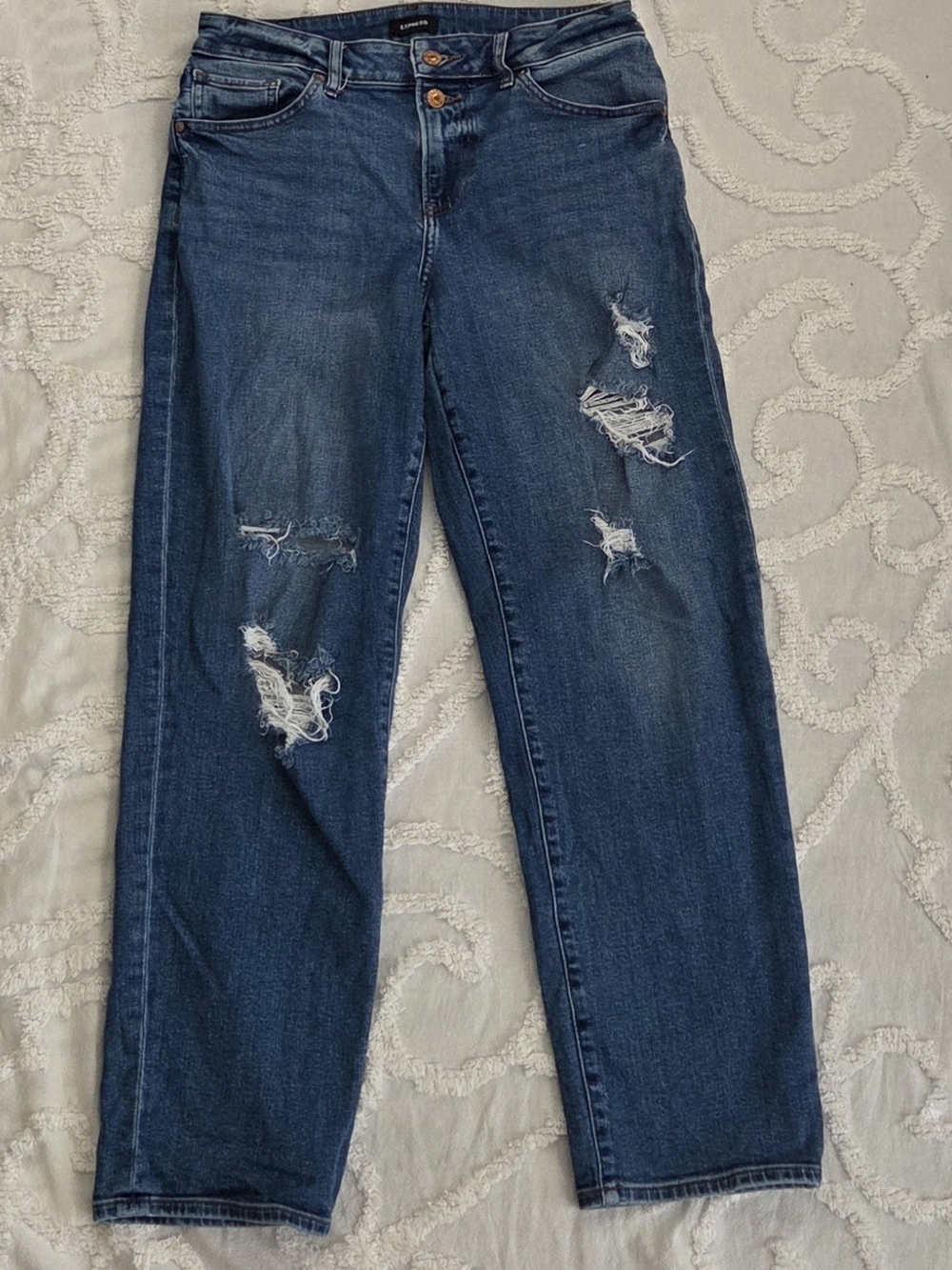 Express Women's Distressed Straight Leg Jeans - Dark Blue